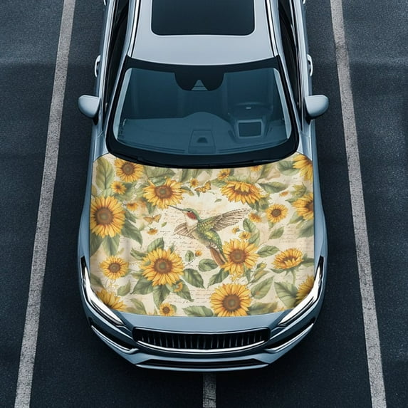 Uorisanigo Cute Hummingbird Sunflower Car Cover Elastic Fabrics Hood Covers Breathable Stretchable Car Hood Cover Protector for Car Hood Decoration and Protection Car Accessories