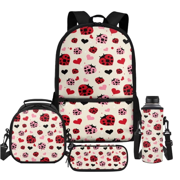 Uorisanigo Cute Ladybird Backpack with Lunch Box, Pencil Case and Water Bottle Carrier Bag 4 PCS Set, 17 inch School bag with Adjustable Padded Straps for Middle School Elementary