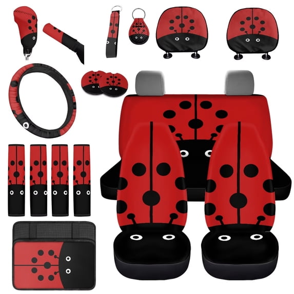 Uorisanigo Cute Ladybird Car Seat Cover Full Set of 18 Pack with Steering Wheel Cover Seatbelt Shoulder Pad Center Console Pad Cup Coasters Headrest Covers Lever Stick Knob Covers for Most Cars