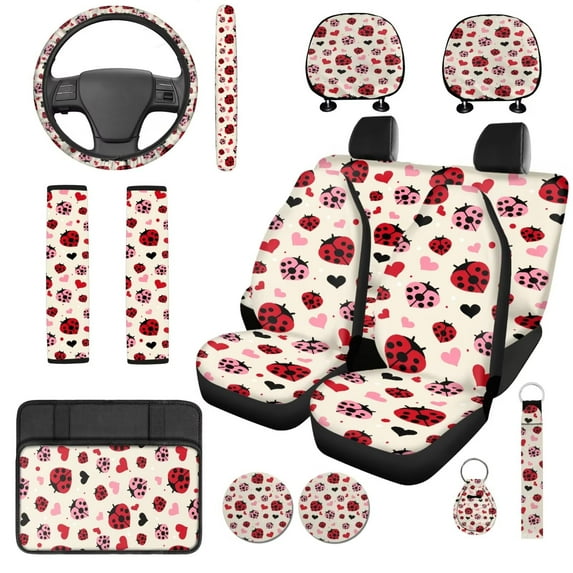 Uorisanigo Cute Ladybug 14 Pack Automobile Seat Cover Sets Car Steering Wheel Cover and Cars Headrest Cover and Seat Belt Pads Cars Water Cup Coaster Comfortable Elastic Fit for Car SUV