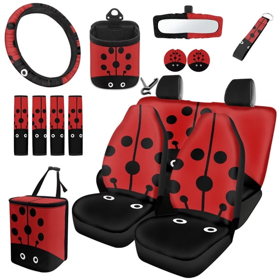 Uorisanigo Cute Ladybug Car Seat Cover Full Set 15 PCS, with Auto Steering Wheel Covers Seat Belt Pads Cover Coasters Trash Can Rear View Mirror Covers Keychain Air Vent Organizer Bag Car Decor