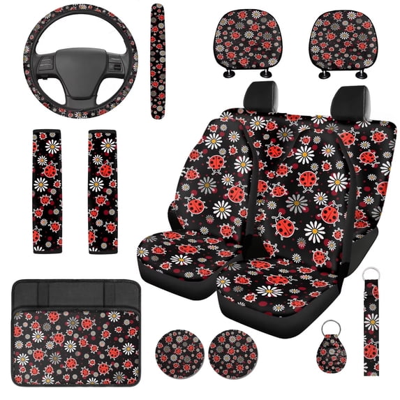 Uorisanigo Cute Ladybug Car Seat Covers Set 14 Pcs Cars Headrest Cover and Steering Wheel Accessories Armrest Cover Auto Seat Belt Pads and Water Cup Pad Personalized Fit for Car SUV