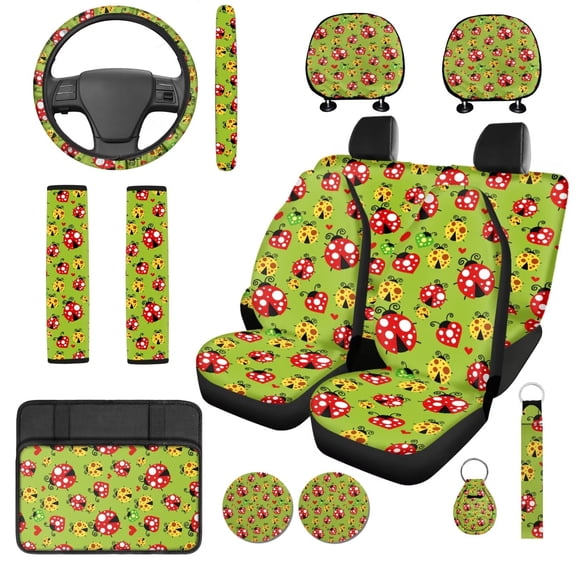 Uorisanigo Cute Ladybugs 14 Pack Cars Seat Covers Car Steering Wheel Cover and Headrest Cover Auto Console Cover Cars Seat Belt Pad Cover and Keychain Soft Comfortable Fit for Car SUV