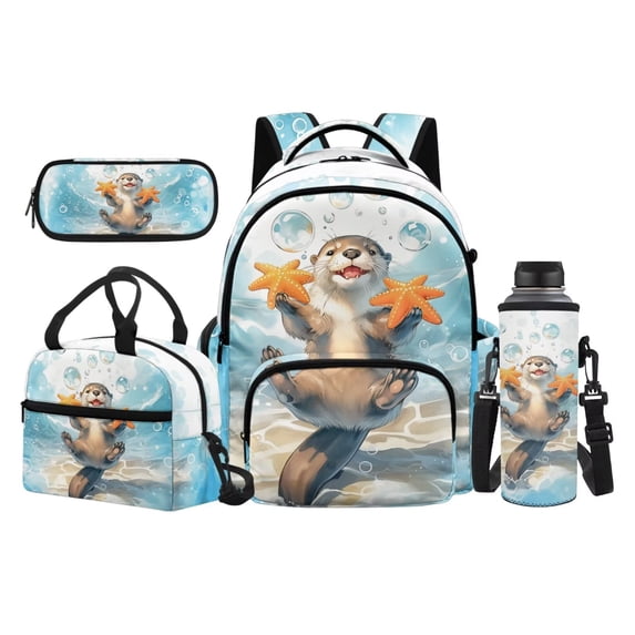 Uorisanigo Cute Otter Print Kids Backpack Set with Water Bottle Bag and Lunch Box, Breathable Rucksack with Pencil Pouch, Lightweight 17 Inch Bookbag for Middle School and Camping
