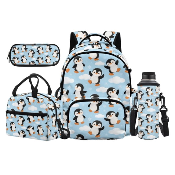 Uorisanigo Cute Penguin School Backpack 4-Piece Set for Boys, Large Capacity 17-Inch Bookbag with Water Bottle Holder, Picnic Lunch Bag and Pencil Case for Outdoor Travel
