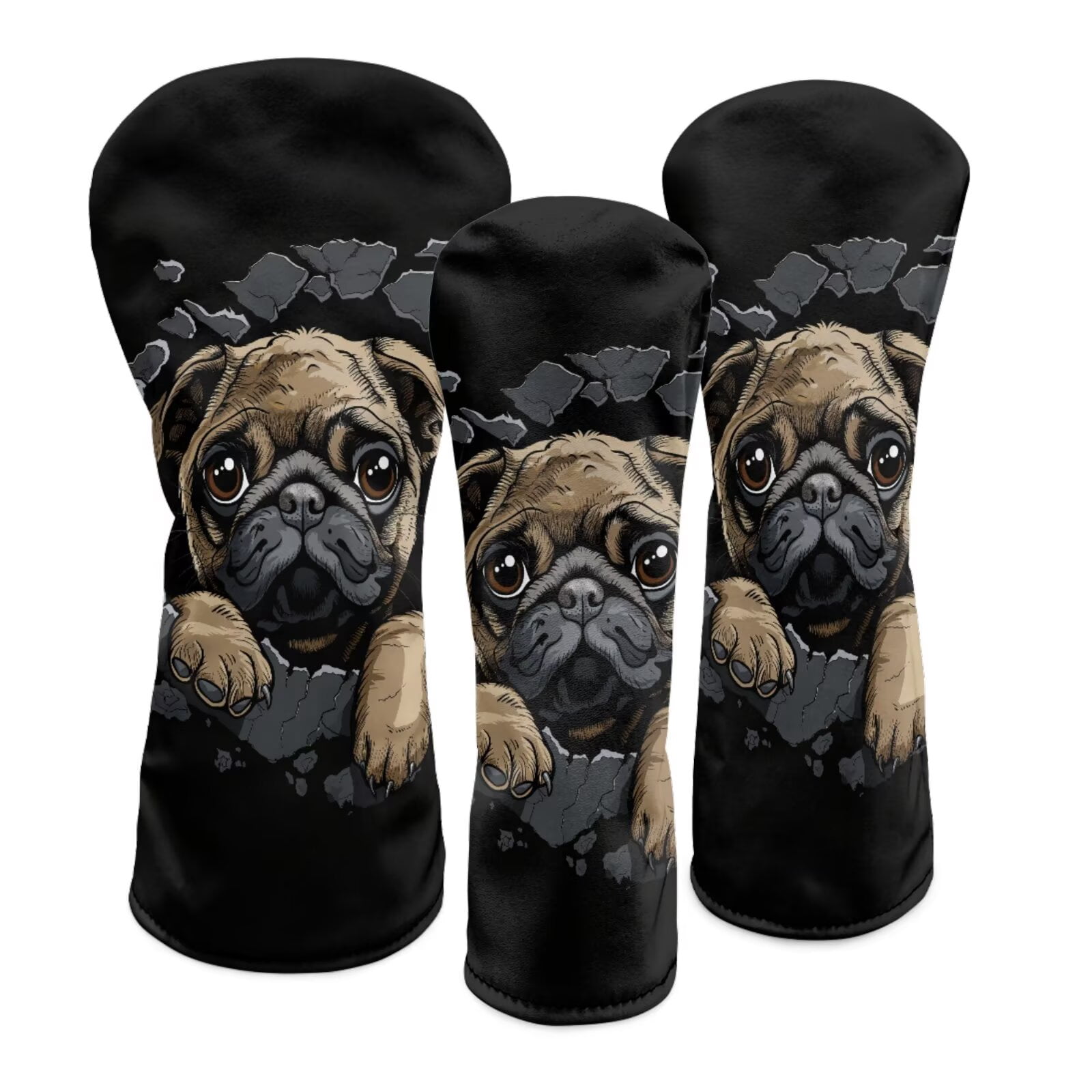 Uorisanigo Cute Pug Golf Club Headcover for Driver, Woods and Hybrid , 3 PCS Set, Premium PU Leather Golf Club Covers for Extra Clubs Protection, Accessories for Men Women