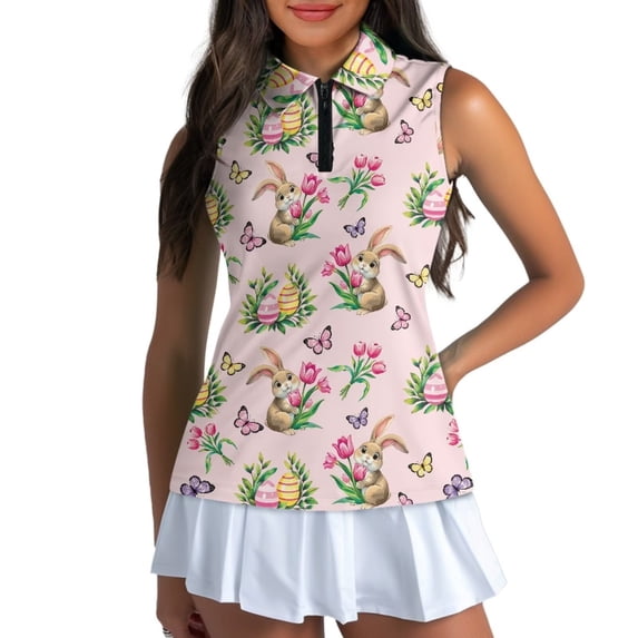 Uorisanigo Cute Rabbit Women's Golf Sleeveless Shirt Breathable Casual Quick Dry Zip Up Workout Tennis Tops Tulip Relaxed Workout Tank Tops Size XL