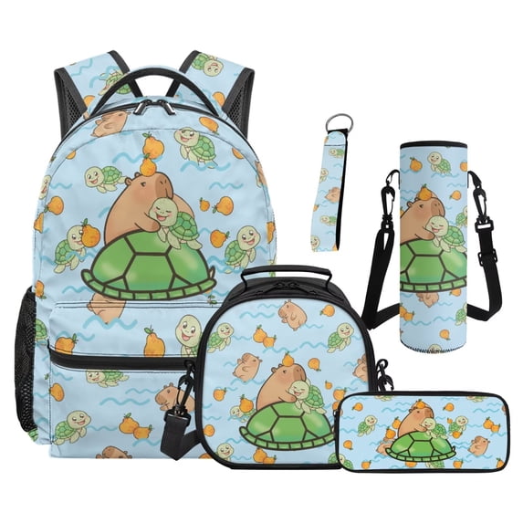 Uorisanigo Cute Sea Turtle Capybara Backpacks for Girls School Backpack Set for Kids Teens School Bag 5 PCS Set Bookbag Daypack Schoolbag with Lunch Bag Box Pencil Case Water Bottle Sleeve Keychain