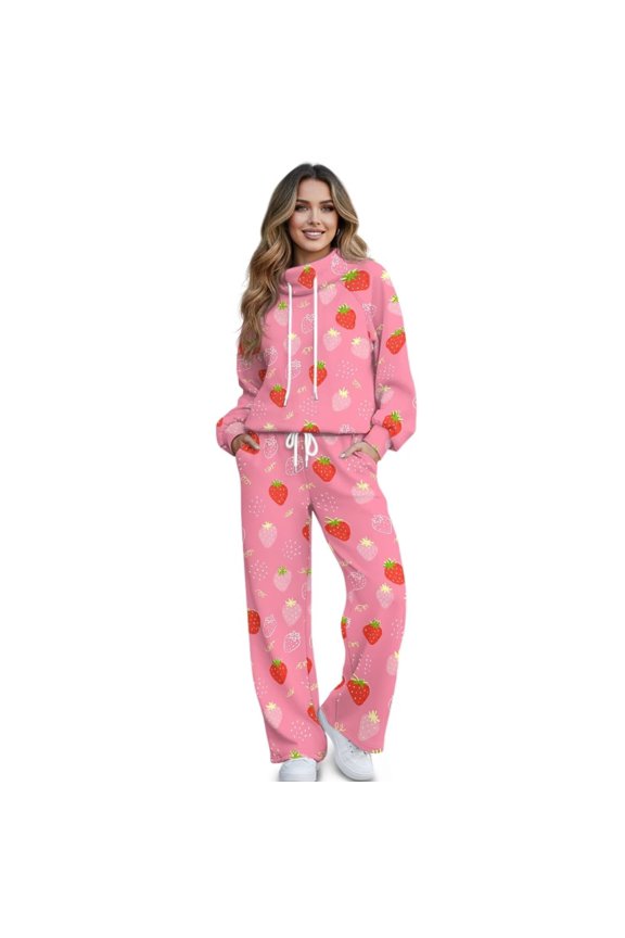 Cute Strawberry Two Piece Sets for Women Mock Neck Sweatshirt Wide Leg Sweatpants Matching Sets Plus Size Loungewear Oversized Tracksuit Travel Outfits Fashion Activewear, XS-XL
