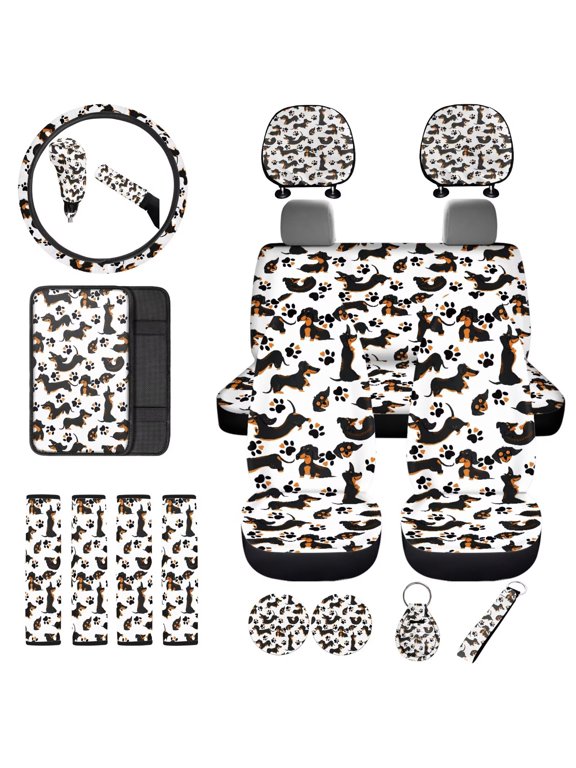 Dachshund Print Set of 18 Auto Seat Protector Cover+Seatbelt Cover+Armrest Protector+Car Steering Covers+Gear Shift & Handbrake Covers+Headres+Keychains+Coaster for Women Men