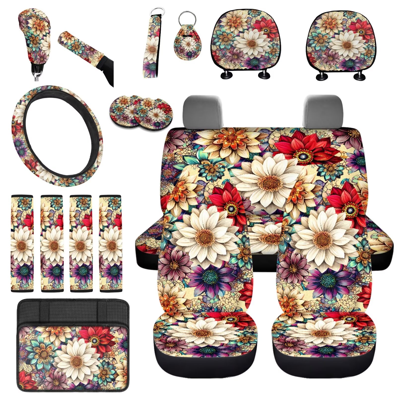 Uorisanigo Dahlia Design Car Seat Covers Full Set with Armrest & Seat Belt Covers, Steering Wheel & Handbrake Protectors, Headrest and Shift Knob Cover, Cup Holder Coaster, Keychains - 18 Pack
