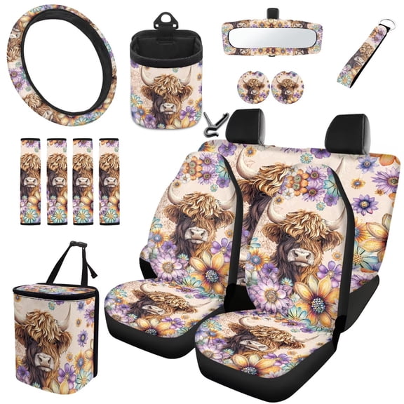 Uorisanigo Dahlia Yak Design Front and Back Seat Covers with Steering Wheel Covers Seatbelt Pads Drink Coasters Hanging Trash Bin Car Vent Storage Rearview Mirror Cover Key Chain Holder Set of 15