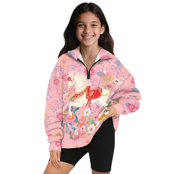 Uorisanigo Daisy Horse Girls Oversized Sweatshirts Half Zip Pullover Sweatshirt for Teen Girl Lightweight Long Sleeve Sweaters No Hood Quarter Zipper Hoodies Fall Winter Clothes
