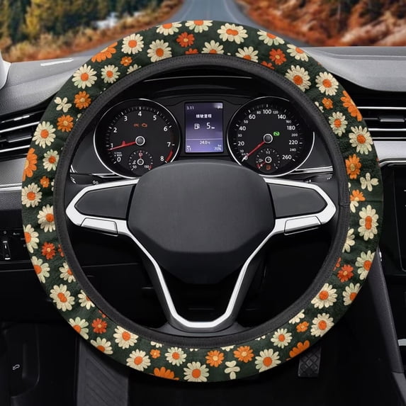 Uorisanigo Daisy Pattern 15 Inch Car Steering Wheel Protector Stylish Car Steering Wheel Cover with Elastic Edge Unique Fuzzy Steering Wheel Cover for Most Vehicle Car Accessories Gift for Sister