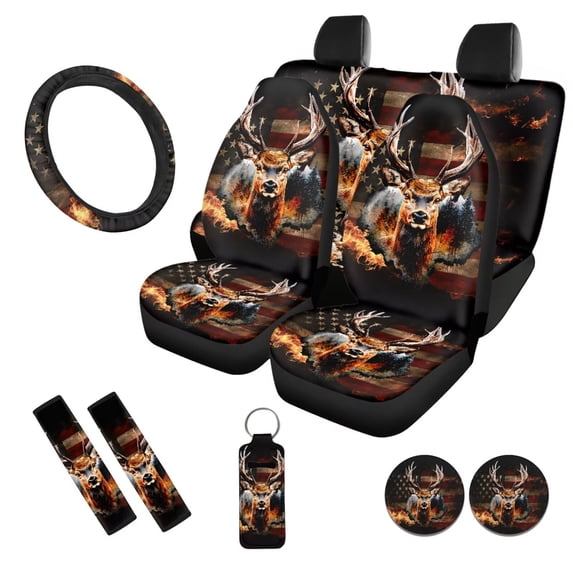 Uorisanigo Deer American Flag 10 Pieces Car Seat Covers Full Set Auto Seat Belt Cover with Steering Wheel Cover Auto Water Cup Pad Keychains Comfortable Elastic Auto Interior for Car SUV