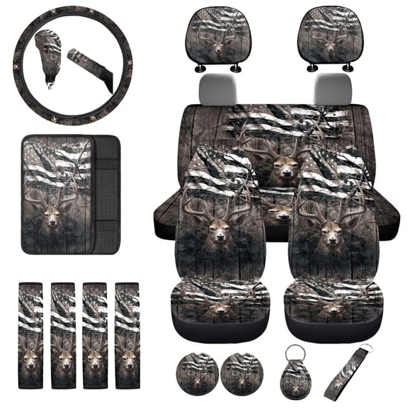 Uorisanigo Deer American Flag 18 Packs Car Seat Cover Full Set, Steering Wheel Covers Universal Seat Belt Pads Car Coasters Shift Knob Hand Brake Cover Headrest Armrest Cushion and Key Chains