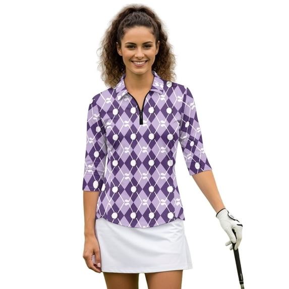 Uorisanigo Diamond Block Women's Golf Shirt Size 2XL Fashionable Women's 3/4 Sleeve Athletic Golf Shirts Versatile Workout Tops Zip Up Collar Quick Dry Outing Wear Workout Sports