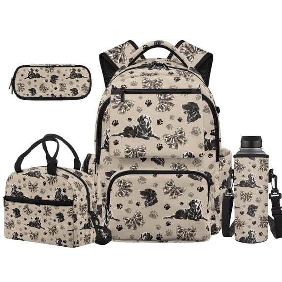 Uorisanigo Dog Camo Bow Kids Backpack Set for Middle School Students, Water-Resistant Daypack with Insulated Meal Bag, Water Bottle Carrier and Pencil Box, Lightweight