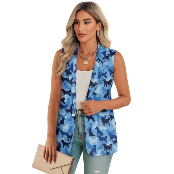 Uorisanigo Dog Camouflage Women's Vest Tops Sleeveless Women's Suit Vest with Pockets Size 5XL Open Front Button Down Vests Top Elegant Outerwear