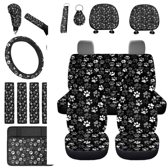 Uorisanigo Dog Paw Print 18Pcs Seat Cover Full Set for Car Universal Steering Wheel Covers with Headrest Cushion,Center Console Pad,Seat Belt Shoulder Pads,Handbrake Cover,Keychain,Cup Coasters