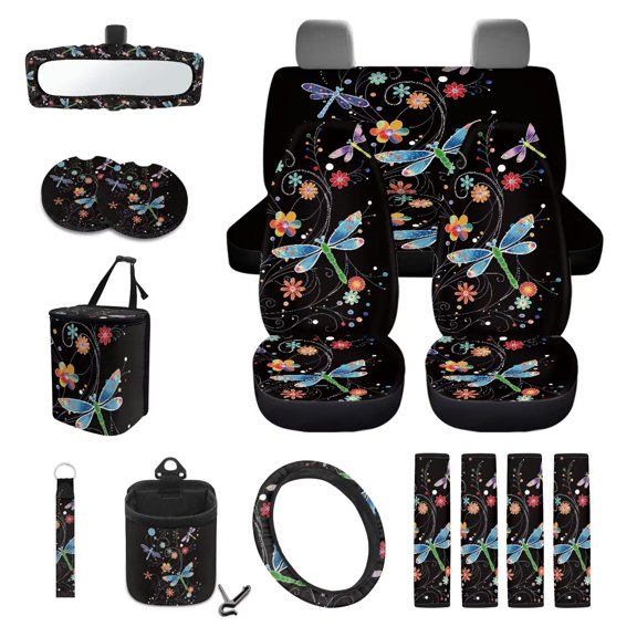 Uorisanigo Dragonfly Car Interior Seat Cover Modern Car Seat Cover Full Set Non Slip Car Accessories with Safety Belt Cover,Car Cup Holder,Steering Wheel Cover,Car Trash Can Gift for Sister