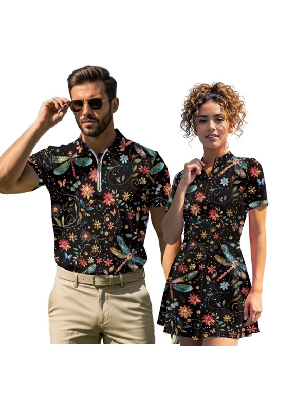 Dragonfly Floral Couple Matching Outfit Mens Golf Shirts Size M Short Sleeve Quick Dry Collared Summer Athletic Tops and Womens Short Sleeve Golf Dress with Shorts Pockets
