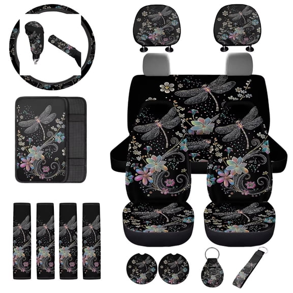 Uorisanigo Dragonfly Flower Front and Back Seat Covers with Safety Seat Belt Pads Center Console Cover Steering Wheel Protector Headrest & Gear Shift & Handbrake Covers Coasters Keychain,18 Pieces