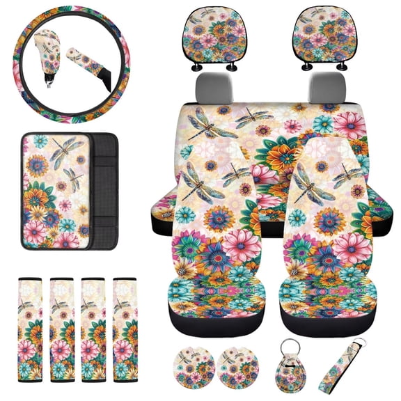 Uorisanigo Dragonfly Mandala Car Seat Covers Full Set with Steering Wheel Wrap/Seat Belt Cushion/Armrest Cover/Headrest/Shift Knob & Handbrake Cover/Car Coasters/Keychains, 18 Pack Interior Decor