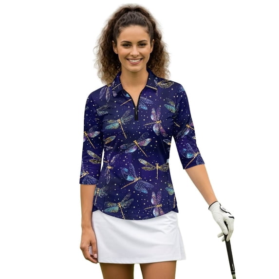 Uorisanigo Dragonfly Women's 3/4 Sleeve Golf Top Size L Comfortable Stylish Women's Dry-Fit Golf Polo Shirts Fashion Zip Up Collar Pullover Casual Versatile Workout Tops Daily Wear