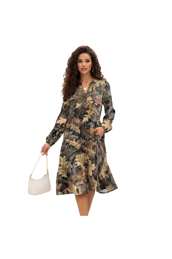 Dress for Women with Pockets V-Neck Casual Dresses Long Sleeve with Pockets Midi Dresses Fashion Clothing, Leaf Camouflage Print, Size Large