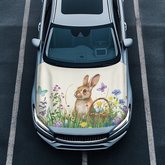 Uorisanigo Easter Bunny Eggs Hood Covers Breathable Universal Car Bonnet Banner Polyester Fabric Car Hood Cover Protector Straps Reinforcement for Most Sedans Automotive Accessories