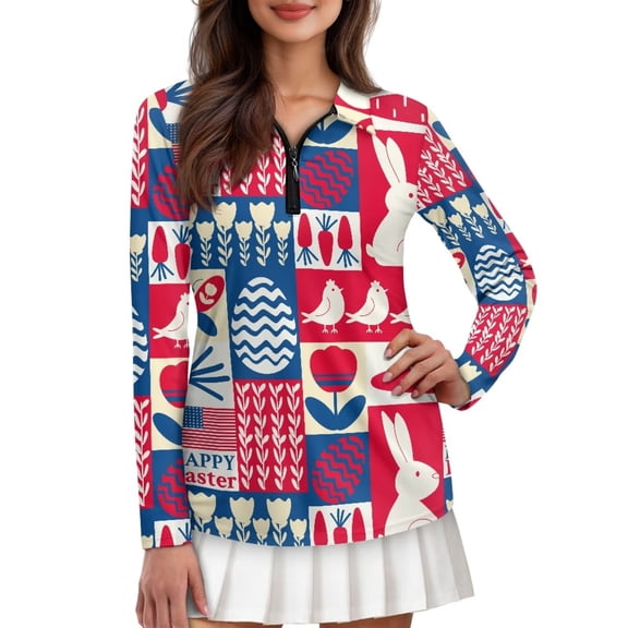 Uorisanigo Easter Bunny Women's Golf Top Fashion Relaxed Long Sleeve Golf Polo Shirts for Women Soft Comfortable Quick Dry Workout Tops with Zipper