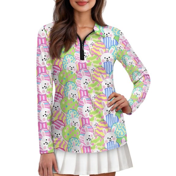 Uorisanigo Easter Bunny Women's Long Sleeve Golf Shirt Size S Fashionable Quarter Zip Colorful Moisture Wicking Casual Tennis Activewear Soft Quarter Zip Pullover