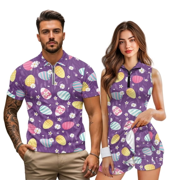 Uorisanigo Easter Egg Matching Couple Outfits Mens Golf Shirts Size M Quick-Dry Short Sleeve Workout Tops and Womens Golf Dress with Shorts Tennis Sleeveless Workout Dresses