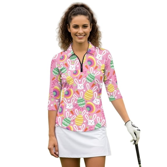 Uorisanigo Easter Egg Rabbit Women's 3/4 Sleeve Athletic Golf Shirts Size 2XL Comfortable Quick Dry Athletic Polo Shirts with Zipper Fashionable Versatile Daily Wear for Workout Sports