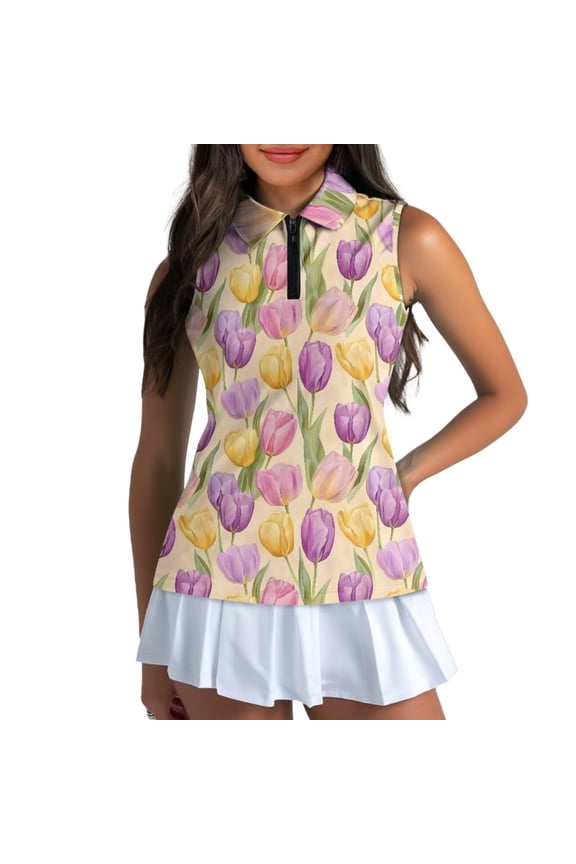 Easter Tulips Womens Golf Shirt Sleeveless Zip Up Shirts Comfortable Versatile Quick Dry Zip Up Workout Tennis Tops Relaxed Workout Tank Tops Size 2XL