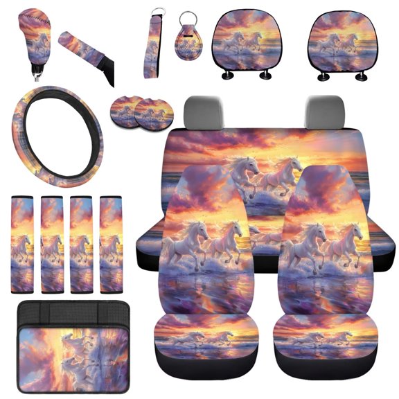 Uorisanigo Fantasy White Horse Car Seat Covers Set with Steering Wheel Covers/Seat Belt Shoulder Pad/Center Console Cover/Headrest/Gear Shift & Handbrake Cover/Cup Coasters/Keychain,18 Packs
