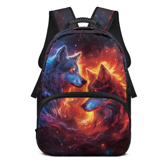 Uorisanigo Fire Wolf Galaxy Kids Backpack for School Lightweight Travel or Sports Bags with Water Bottle Pockets Preschool Elementary Kindergarten School Bag(17 inch)