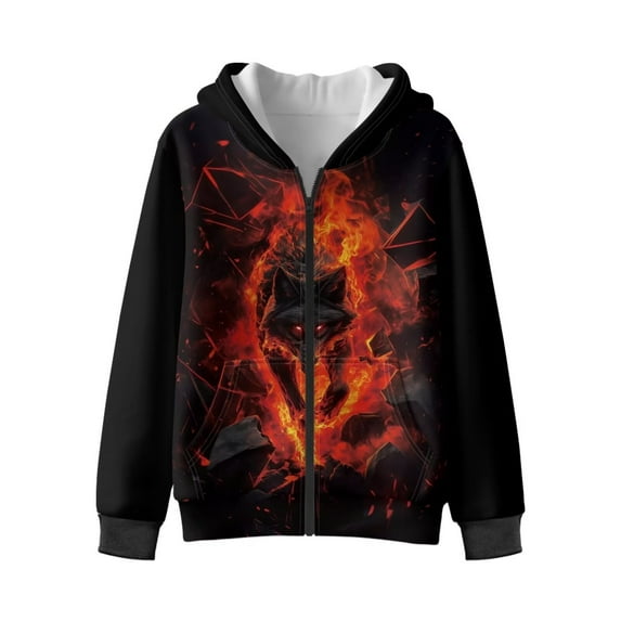 Uorisanigo Fire Wolf Kids Zip Up Hooded Hoodies Soft Athletic Sweatshirt Long Sleeve Shirts Tops Zipper Hoodies Jacket Casual Athletic Hoodie Tops for Boys and Girls