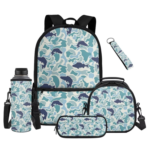 Uorisanigo Fish Camo Backpack for Boys Kids Teens School Bag Bookbag Set Primary Middle School Student Backpack with Insulated Lunch Box Bag Pencil Case Water Bottle Bag Keychain 5 Pcs