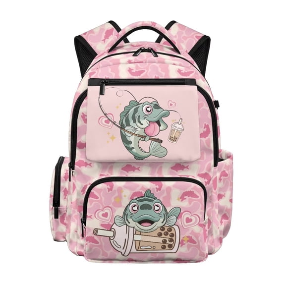 Uorisanigo Fish Camo Pink Kids Backpack for Girls Elementary School Travel, Breathable Large Capacity Bookbag with Side Water Bottle Pocket, Lightweight for Camping