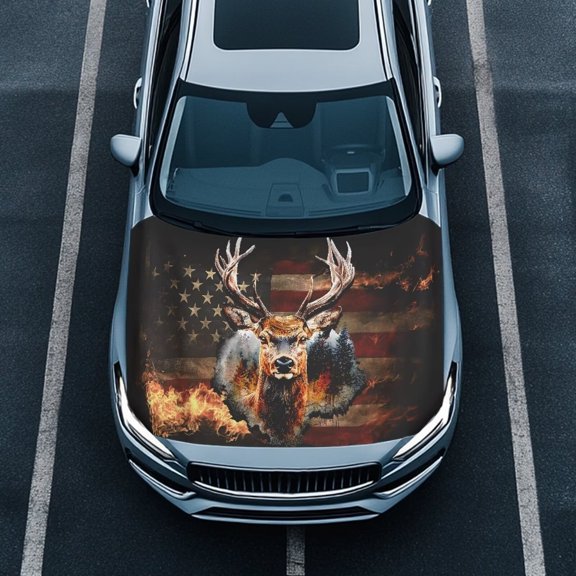 Uorisanigo Flaming American Flag Deer Car Cover Elastic Removable Hood Covers for Cars Stretch Car Hood Cover Protector Suitable Most Automotive Pickup Sedans Trucks SUVs