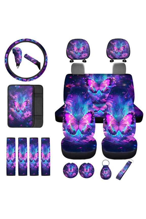 Flaming Butterfly Front & Rear Auto Seat Covers with Wheel Cover Protector,Seat Belt Strap Pads,Headres,Car Coasters,Armrest Cushion,Gear Shift,Handbrake Covers,18-Pack,Universal Fit