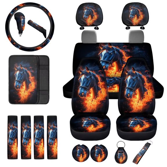 Uorisanigo Flaming Wolf Pattern Front and Back Seat Covers with Seat Belt Covers Center Console Cover Steering Wheel Wrap Headrest & Gear Shift & Handbrake Protectors Coasters Keychain,18 Pieces