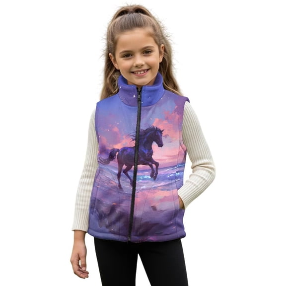 Uorisanigo Fleece Jacket Vest for Boys Girls Age 2-12, Puffy Sunset Western Horse Full Zipper Sleeveless Outwear for Fall Winter Spring, Soft Cozy Stand Collar Puffer Vest Coat