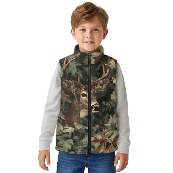 Uorisanigo Fleece Jacket Vest for Boys Girls, Casual Full Zipper Kids Camo Deer Hunter Jackets, Soft Puffy Sleeveless Vests Warm Outwear Fashion Fall Winter Clothes 2-12 Years