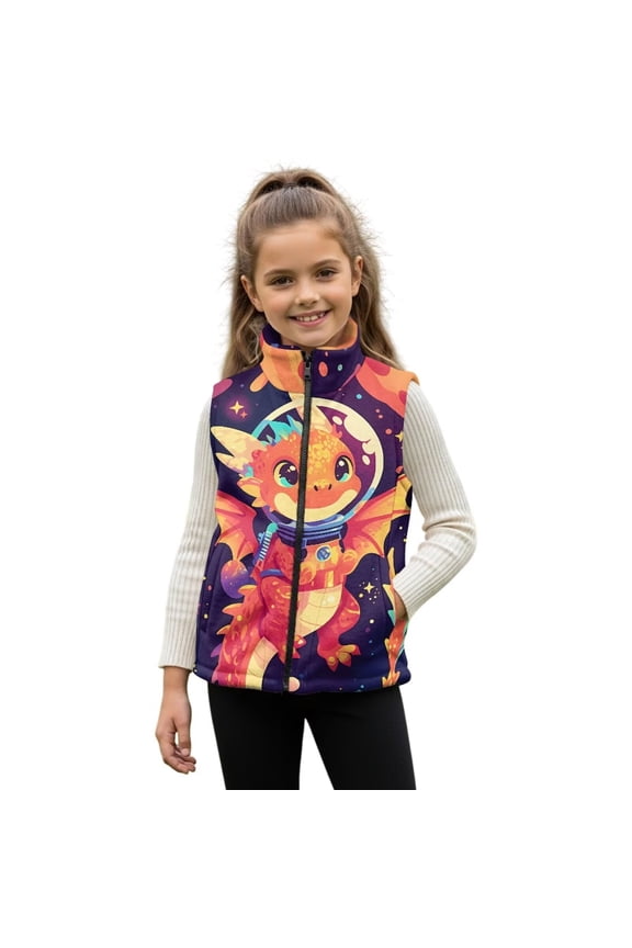 Fleece Vest for Boys Girls Full Zipper Jacket Lightweight Sleeveless Warm Astronaut Dragon Planet Outwear Fall Winter Outfits Clothes Fashion Kids Outdoor Layering