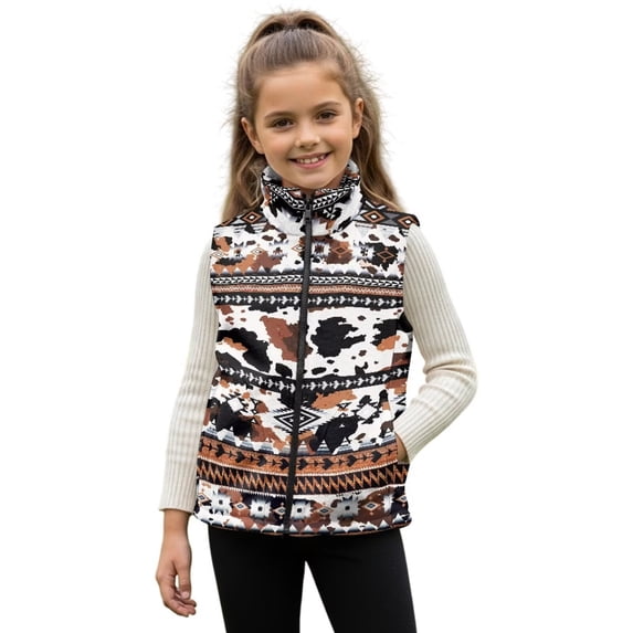 Uorisanigo Fleece Vest for Boys Girls Full Zipper Jacket Sleeveless Warm Outwear Southwestern Aztec Cow Print Sweatshirt with Pockets Lightweight Fall Winter Fashion Outfits Clothes