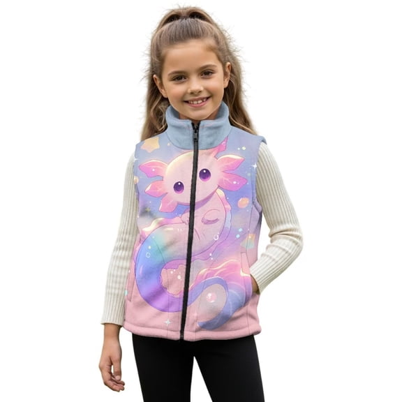 Uorisanigo Fleece Vest for Boys Girls Lightweight Sleeveless Zip Front Jacket Kids Vests Star Axolotl Print Jackets Fuzzy Full Zipper Outwear Waistcoat Top Fashion Clothing