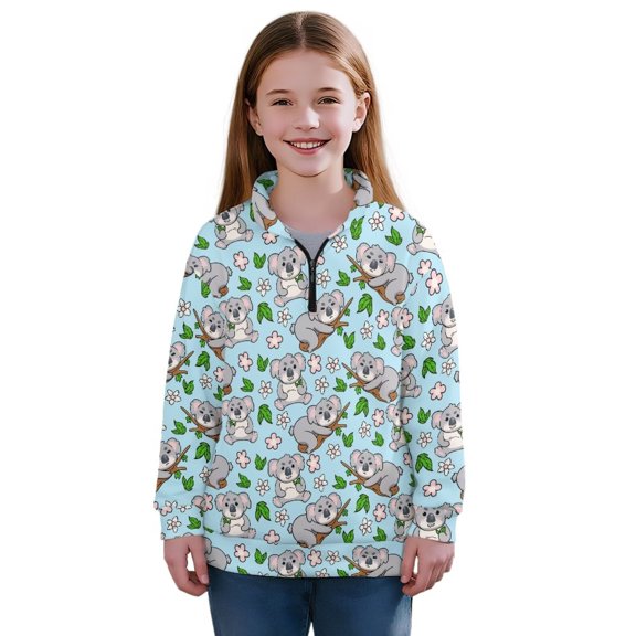 Uorisanigo Floral Sloth Quarter Zip Pullover Sweatshirts for Girls, Oversized Long Sleeve Cropped Pullover Hoodies, Lightweight School Jackets for Vacation Shopping Exercise Wear